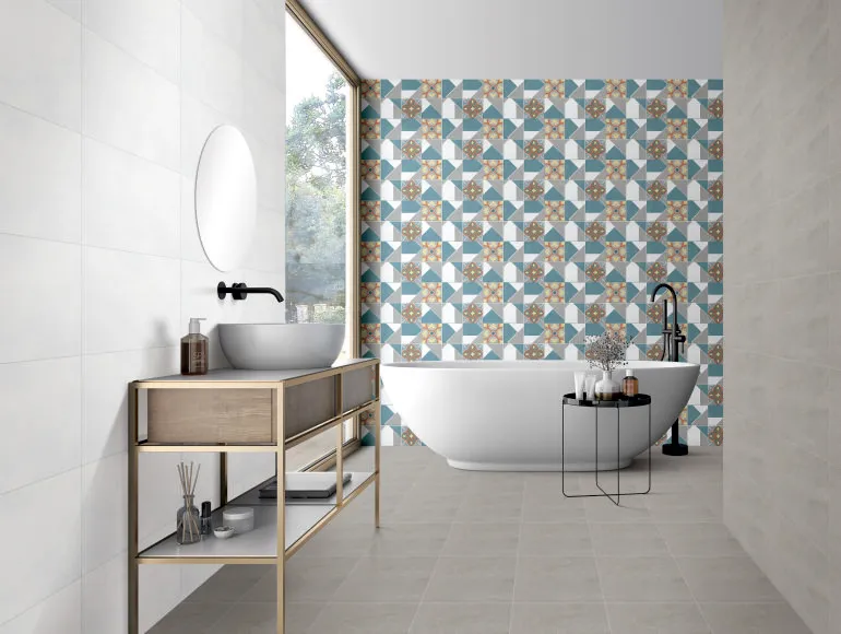 Contemporary grey bathroom with bathtub, large window and Cemento Taupe tiles